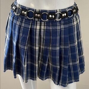 Dolls Kill Brand Current Mood Blue Plaid Mini Skirt w Faux Leather O-Ring Belt